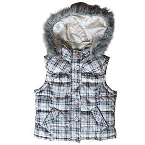 Vintage Aeropostle Plaid Faux Fur Hooded Vest Removable Hood Puffer 90s Y2K-L